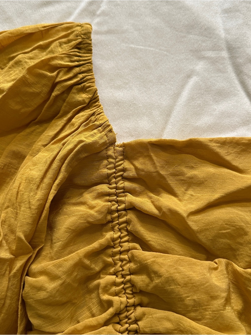 Mustard Drawstring Ruched Puff-Sleeve Crop Top - Picture 2 of 6